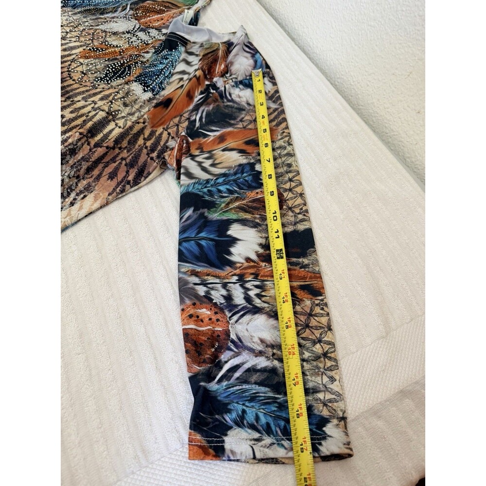 Cactus Women's L Feather Print Tunic Top Long Sleeve Rhinestone Boho Blouse - Picture 12 of 15